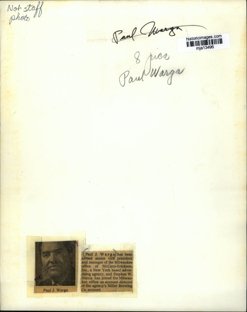 Load image into Gallery viewer, 1972 Press Photo Paul J Warga, SVP Milwaukee office of McCann-Erickson
