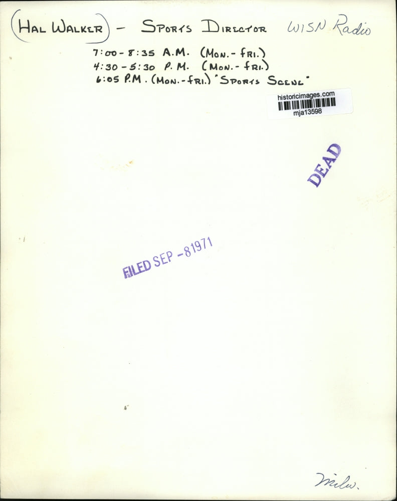 1971 Press Photo Hal Walker, Sports Director WISN Radio - mja13598