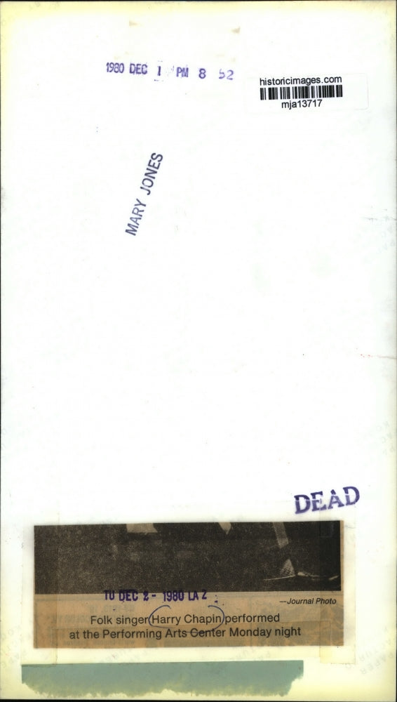 1980 Press PhotoFolk singer Harry Chapin performed at the Performing Arts Center
