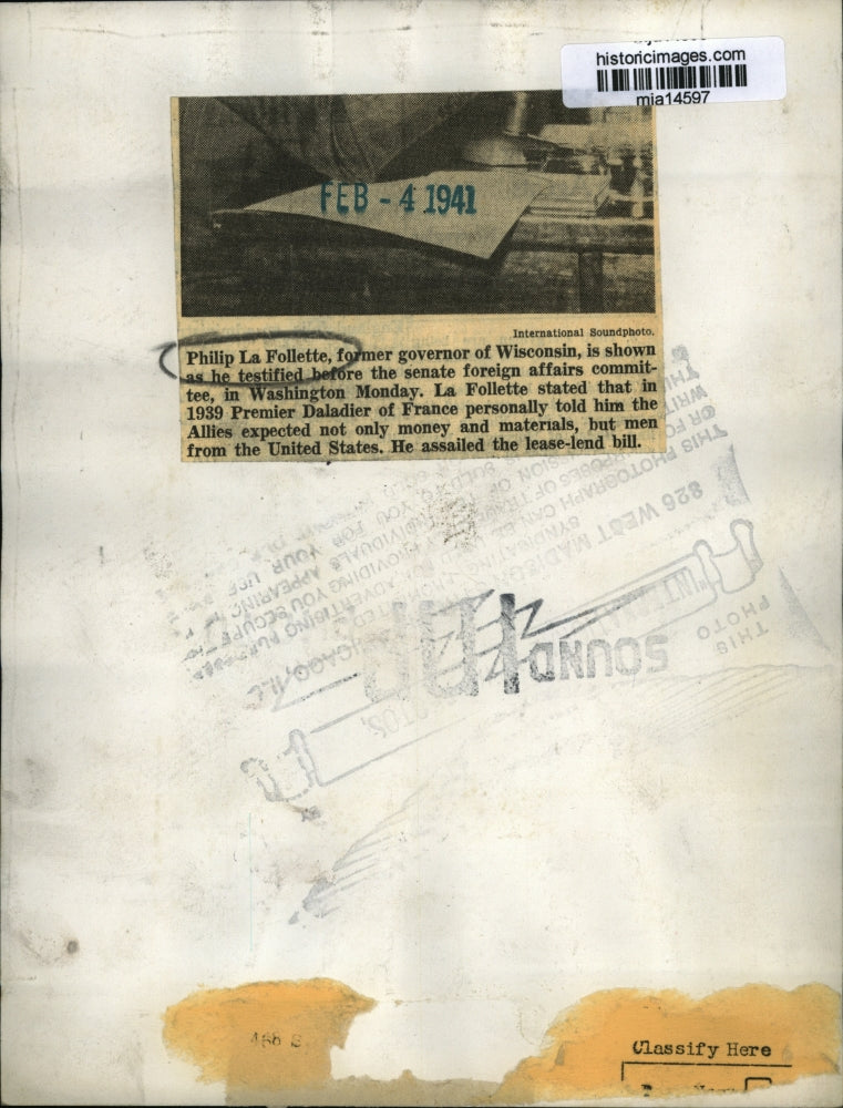 1941 Press Photo Fmr Gov Philip La Follette of Wisconsin testifies before senate