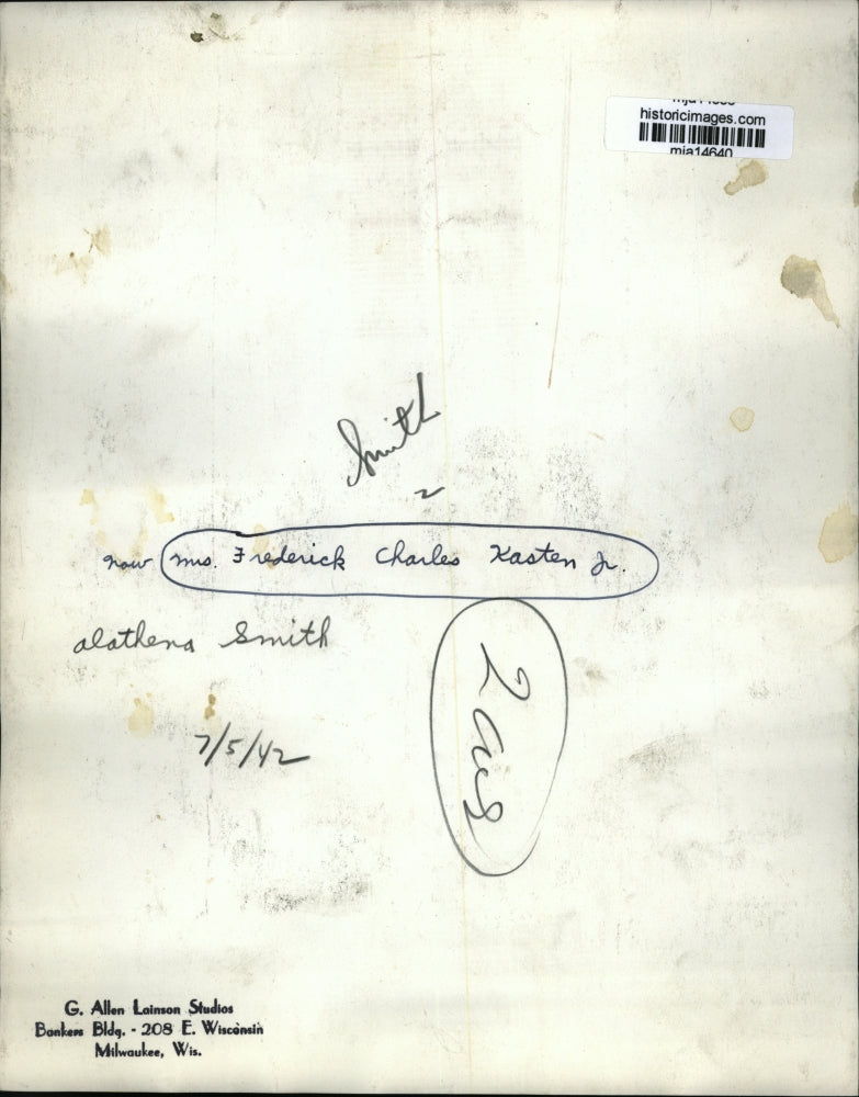 1942 Press Photo Miss Alathena Smith, now Mrs. Frederick Charles Kasten Jr.