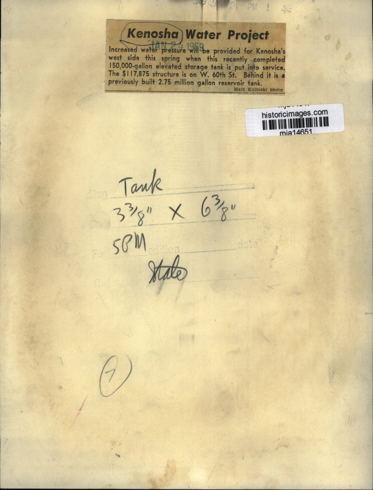 1959 Press Photo Elevated Water tank in Kenosha - mja14651