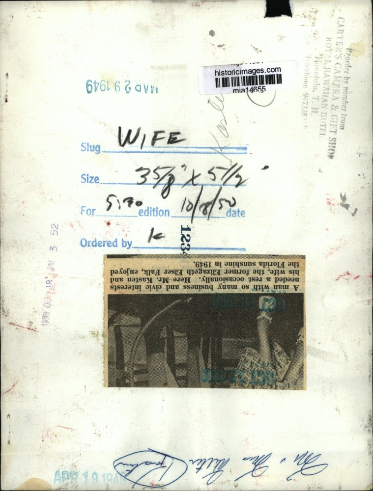 1949 Press Photo Mr Kasten and his wife, the former Elizabeth Elser Falk in Fla