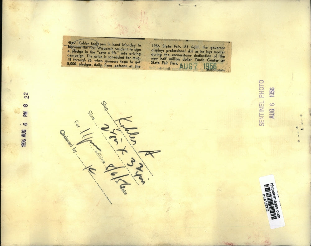 1956 Press Photo Gov Walter Kohler signs Save A Life safe driving campaign