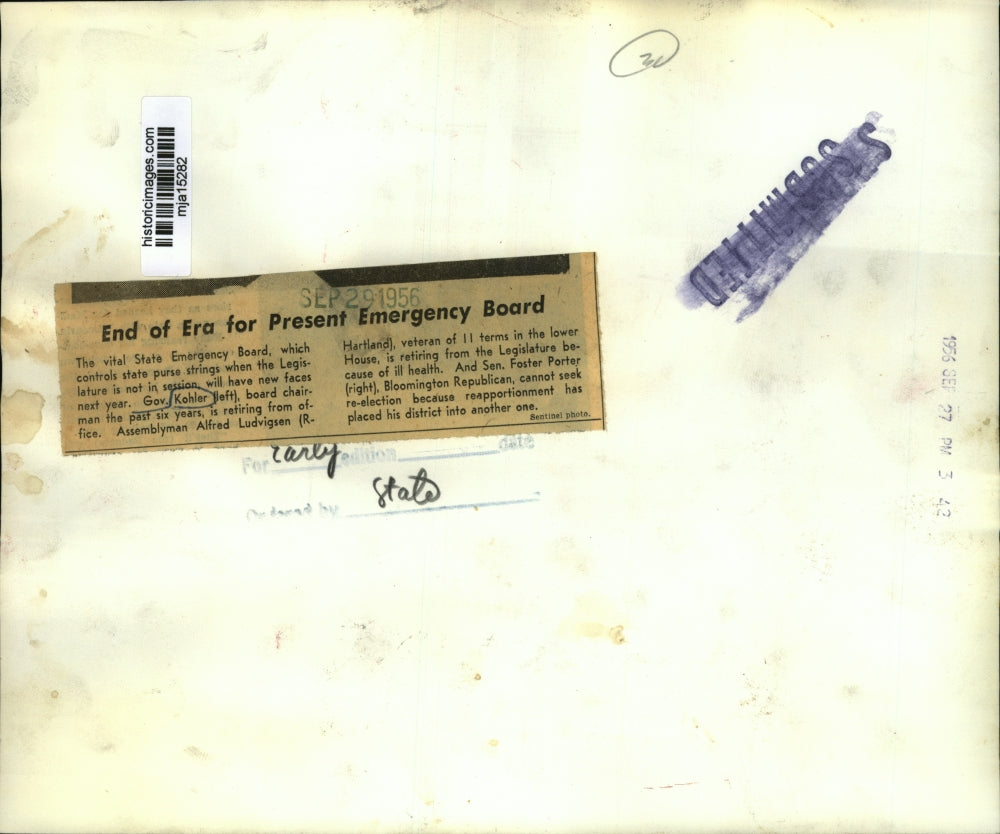 1956 Press Photo Gov. Kohler, Assemblyman Alfred Ludvigsen & Sen. Foster Porter