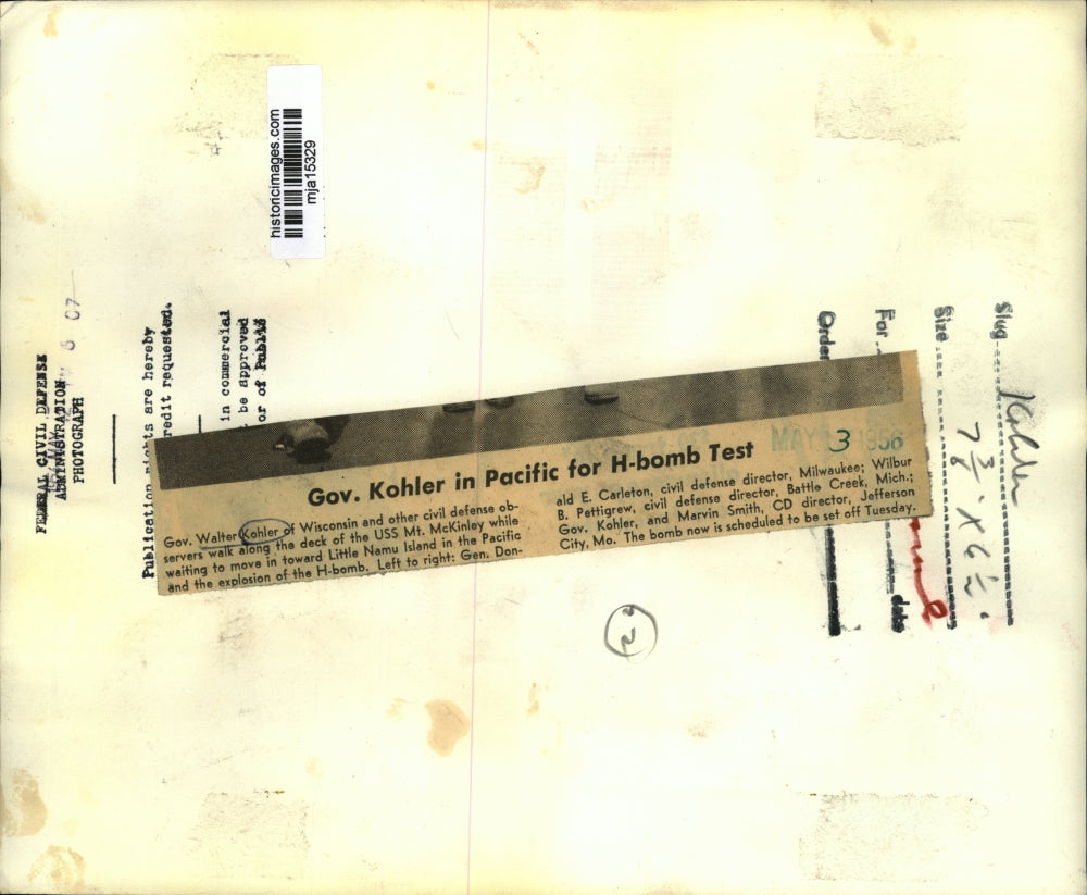 1956 Press Photo Gov Walter J Kohler on the deck of the USS Mt McKinley