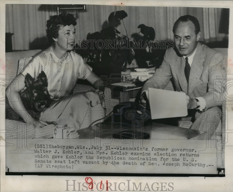 Load image into Gallery viewer, 1957 Press Photo Wisconsin ex-Gov. &amp; Mrs. Walter Kohler examine election returns
