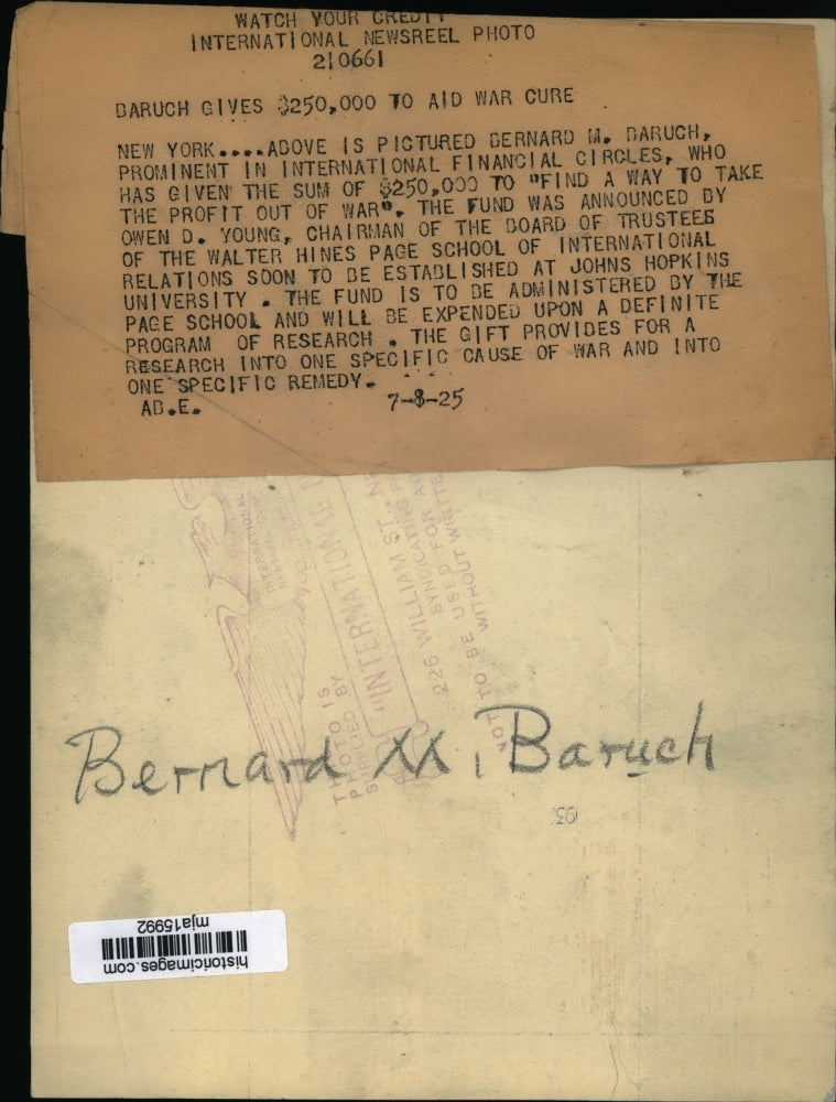 1925 Press Photo Bernard M. Baruch, prominent in International Financial circles