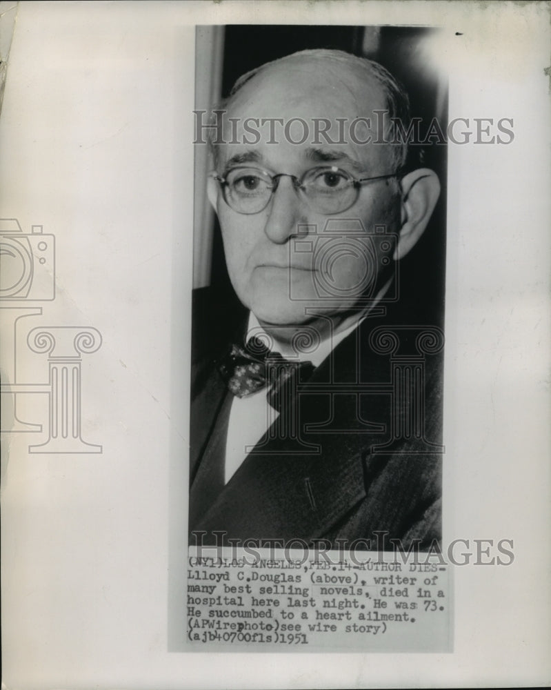 1951 Press Photo Novelist Lloyd Douglas succumbed to a heart ailment- Historic Images