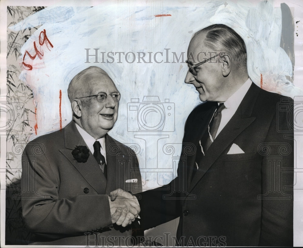 1955 Press Photo RL Stone receives birthday congratulations from William Brumder- Historic Images