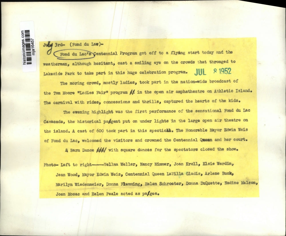 1952 Press Photo Ladies Fair Program at Fond du Lac's Centennial Program