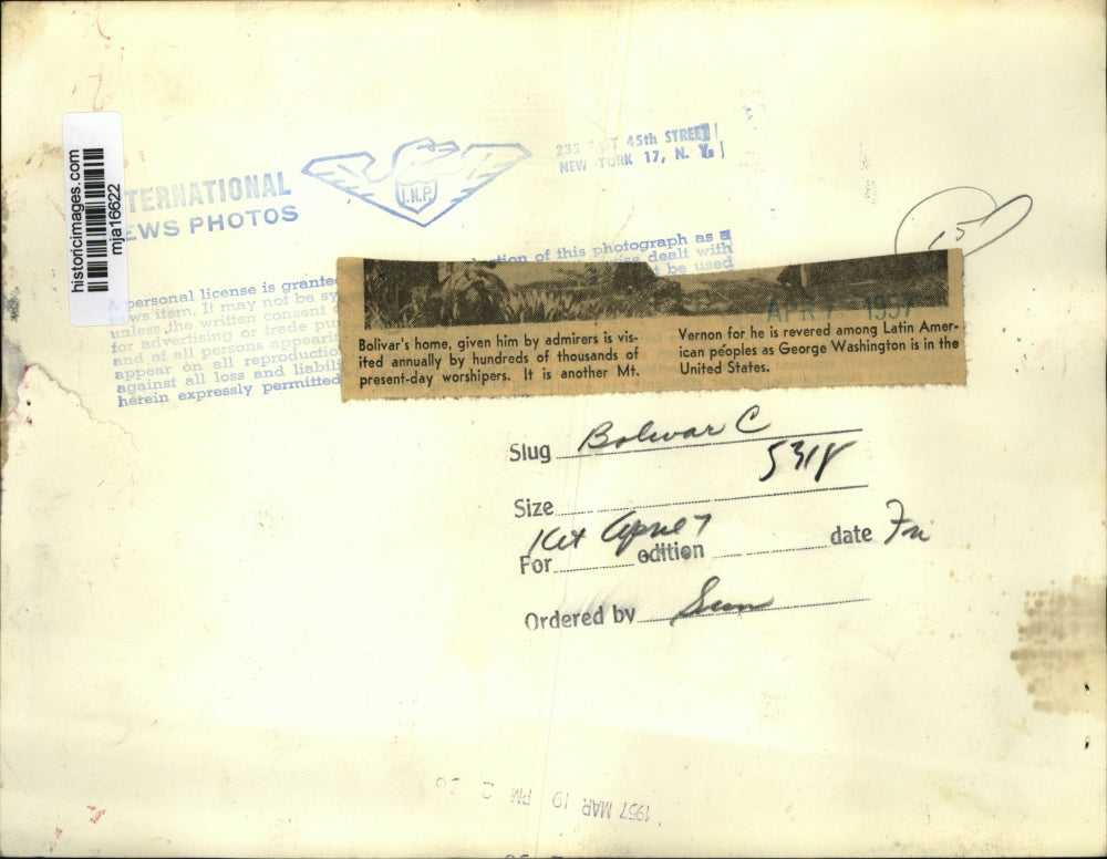 1957 Press Photo Bolivar's home in Latin America - mja16622