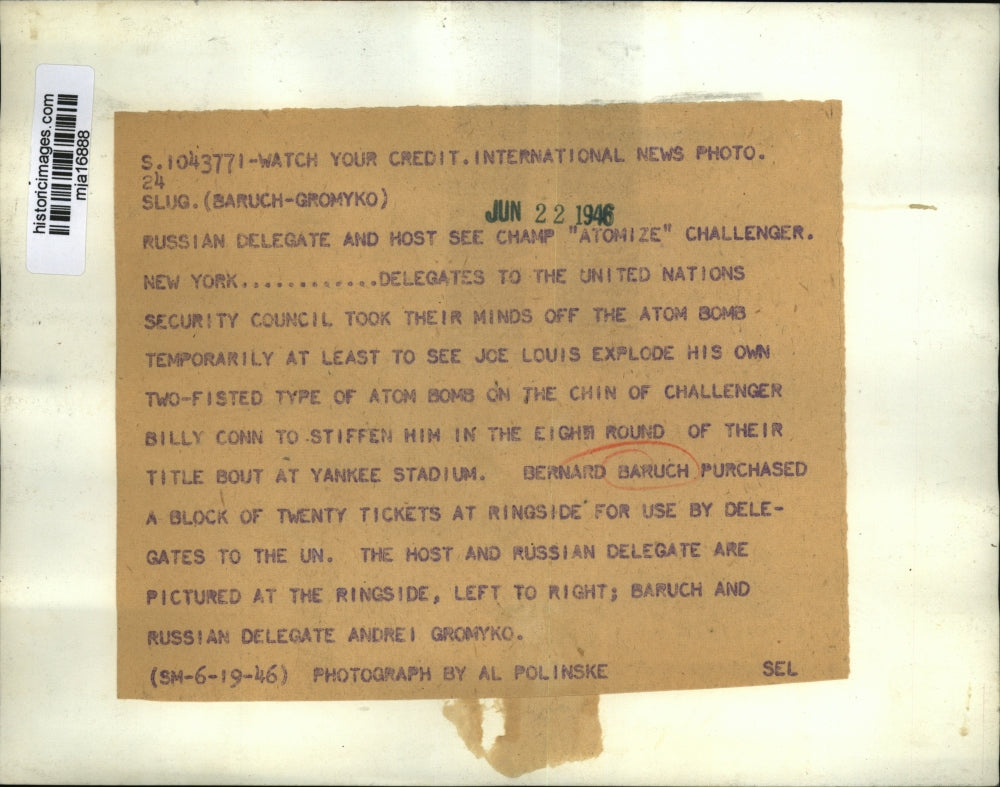 1946 Press Photo Bernard Baruch w/ Andrei Gromyko at Joe Lewis fight in NY