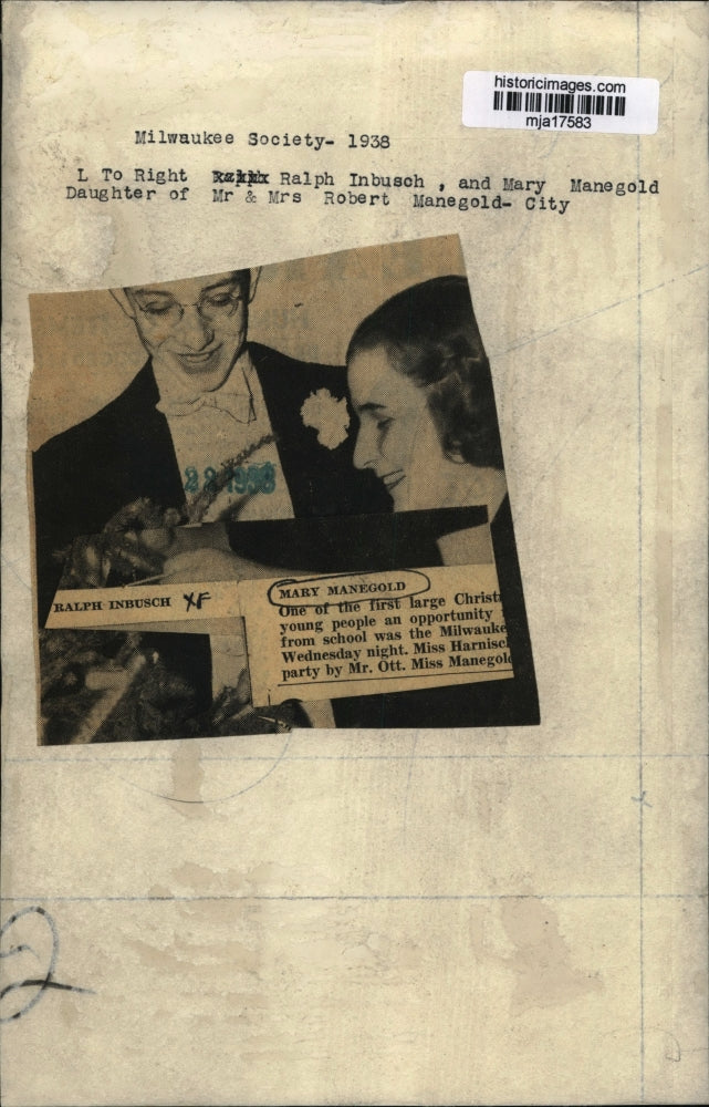 1938 Press Photo Ralph Inbusch & Mary Manegold daughter of Mr & Mrs Robert