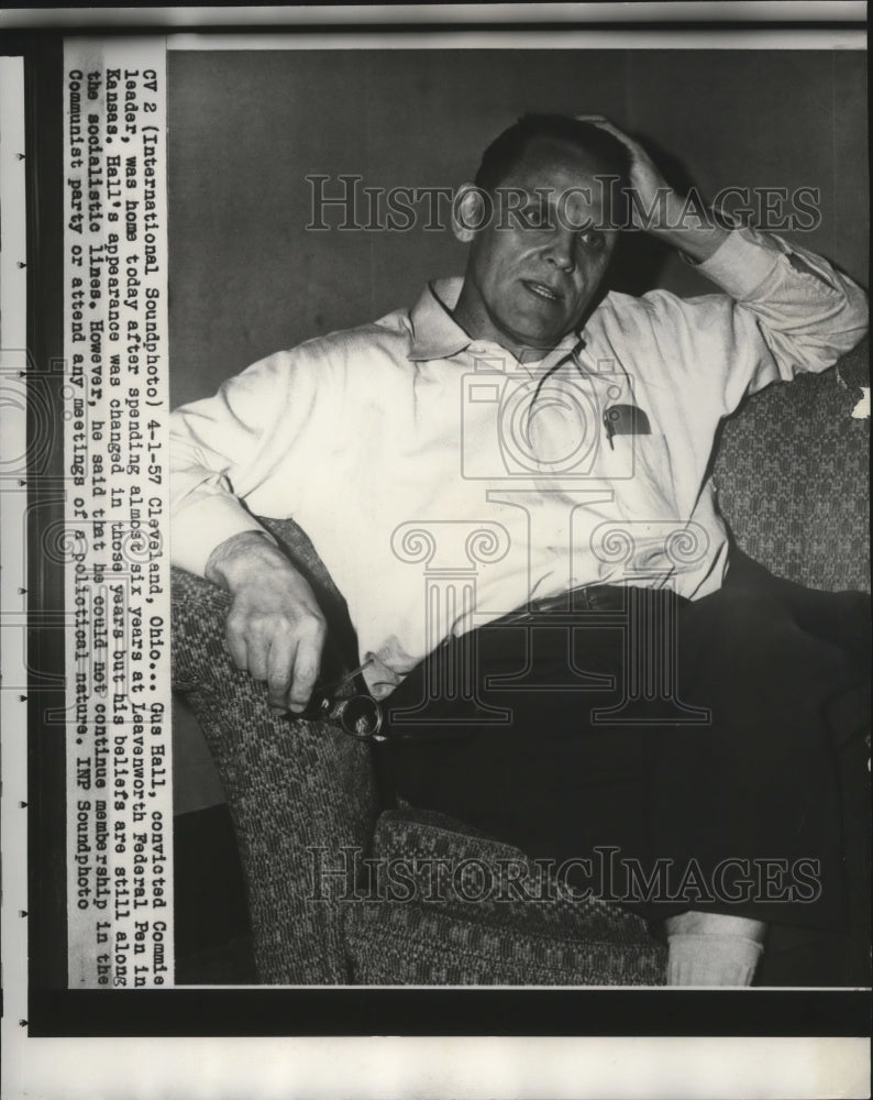 1957 Press Photo Gus Hall, convicted Commie leader, was home today - mja17952- Historic Images