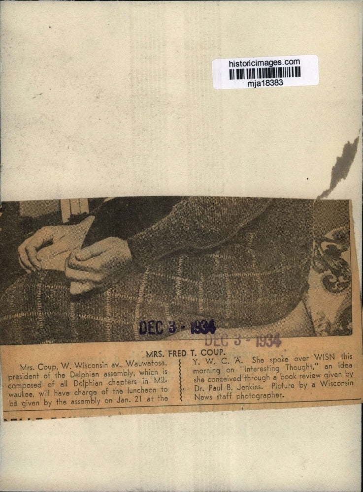 1934 Press Photo Mrs. Fred T. Coup - mja18383