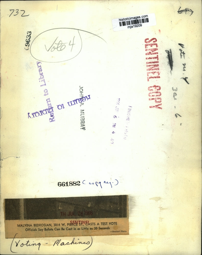 1966 Press Photo Malvina Bedrosian casts a test vote - mja19209