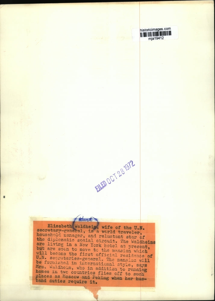 1972 Press Photo Elisabeth Waldheim, wife of the U.N. secretary-general