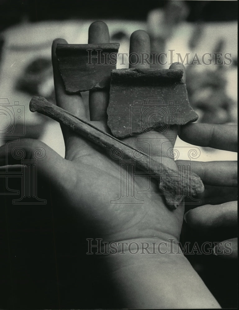 1984 Press Photo Pieces of bone and pottery found at the dig- Historic Images