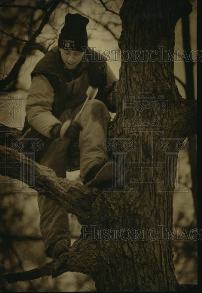 1963 Press Photo Gary Folk looking for firewood at Wadewitz Nature Center- Historic Images