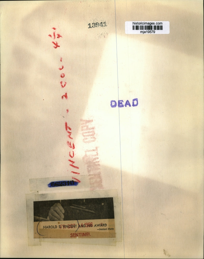 1966 Press Photo Harold S Vincent and his award - mja19579