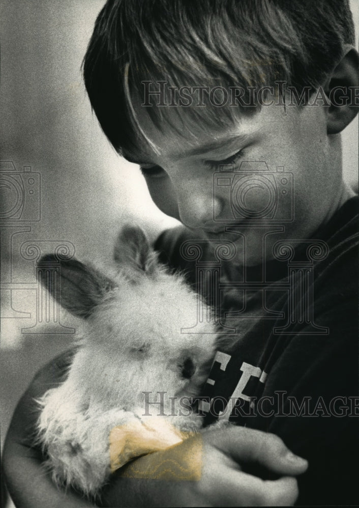 1992 Press Photo Rob Bush codding a baby rabbit at Waukesha County Expo- Historic Images