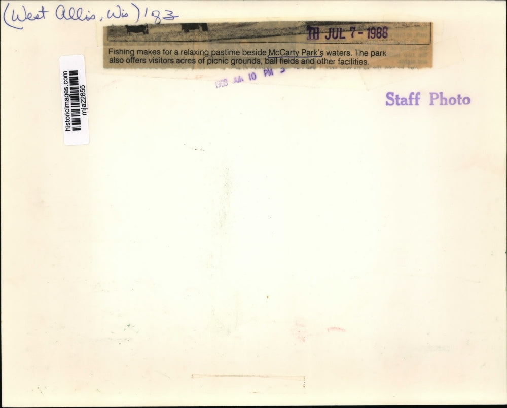 1988 Press Photo Fishing, a relaxing pastime beside McCarty Park's waters