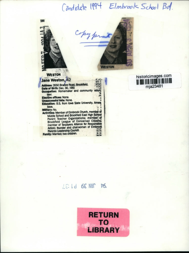 1994 Press Photo Jane Weston candidate for School Board - mja23481