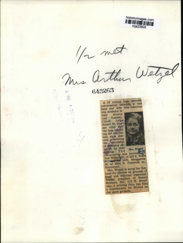 1964 Press Photo Mrs. Margeurite Wetzel - mja23503