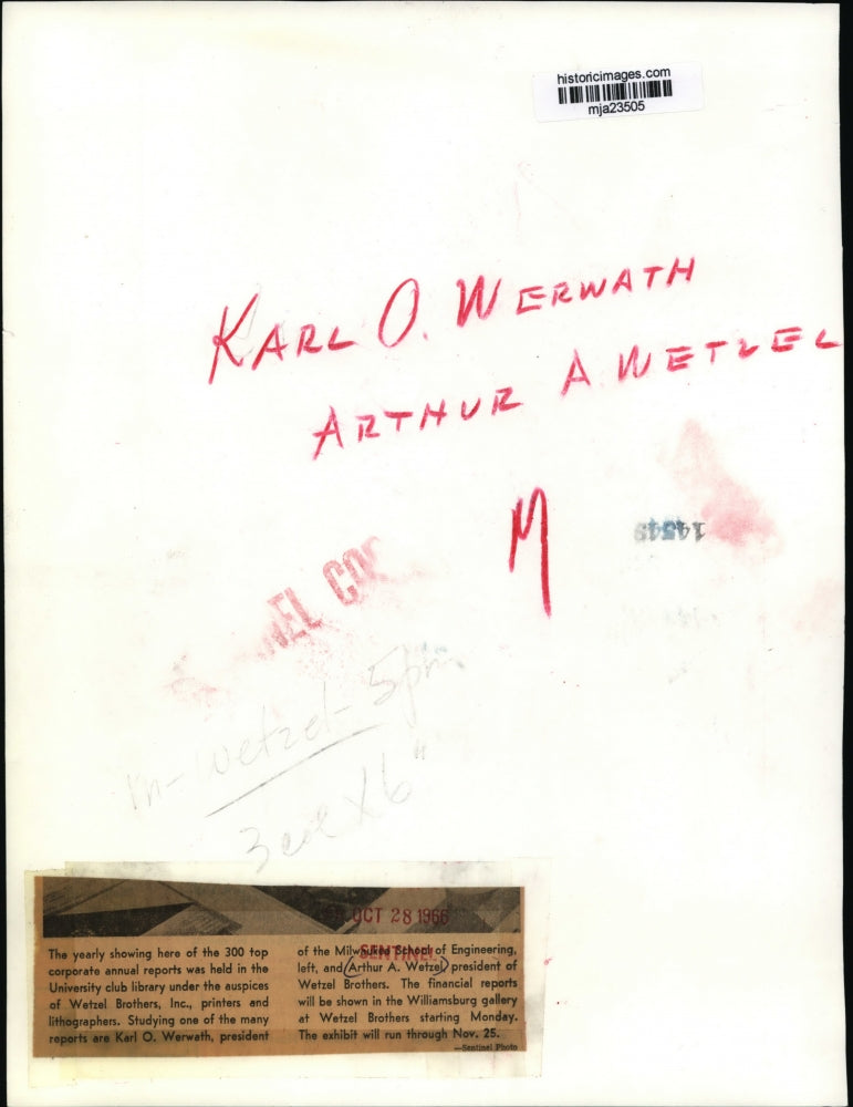 1966 Press Photo Arthur A. Wetzel, Karl O. Werwath Williamsburg Gallery