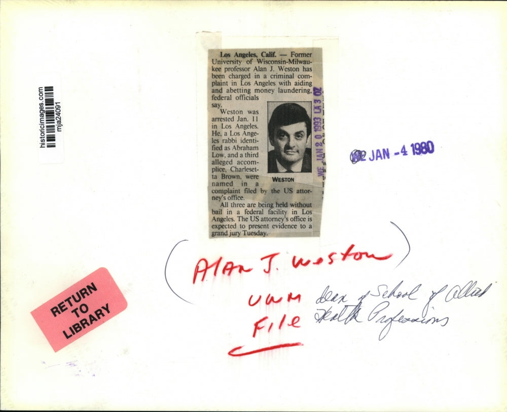 1980 Press Photo Alan J. Weston, professor, charged in a criminal complaint.