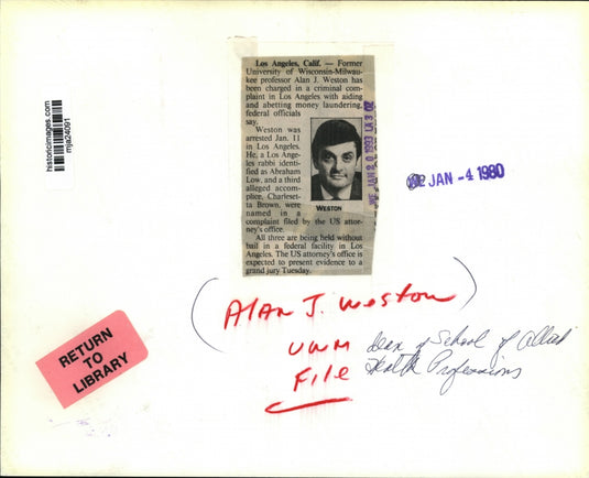 1980 Press Photo Alan J. Weston, professor, charged in a criminal complaint.