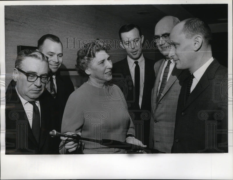Load image into Gallery viewer, 1964 Press Photo Justine Weyher Accepting a Gift at Her Retirement Party
