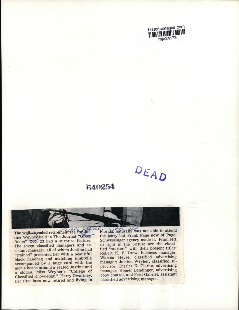 1964 Press Photo Justine Weyher Accepting a Gift at Her Retirement Party