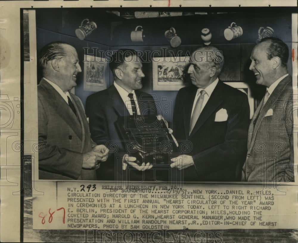 1957 Press Photo Daniel Miles received &quot;Hearst Circulator of the Year&quot;.