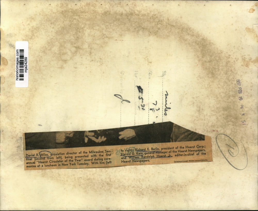 1957 Press Photo Daniel Miles received "Hearst Circulator of the Year".