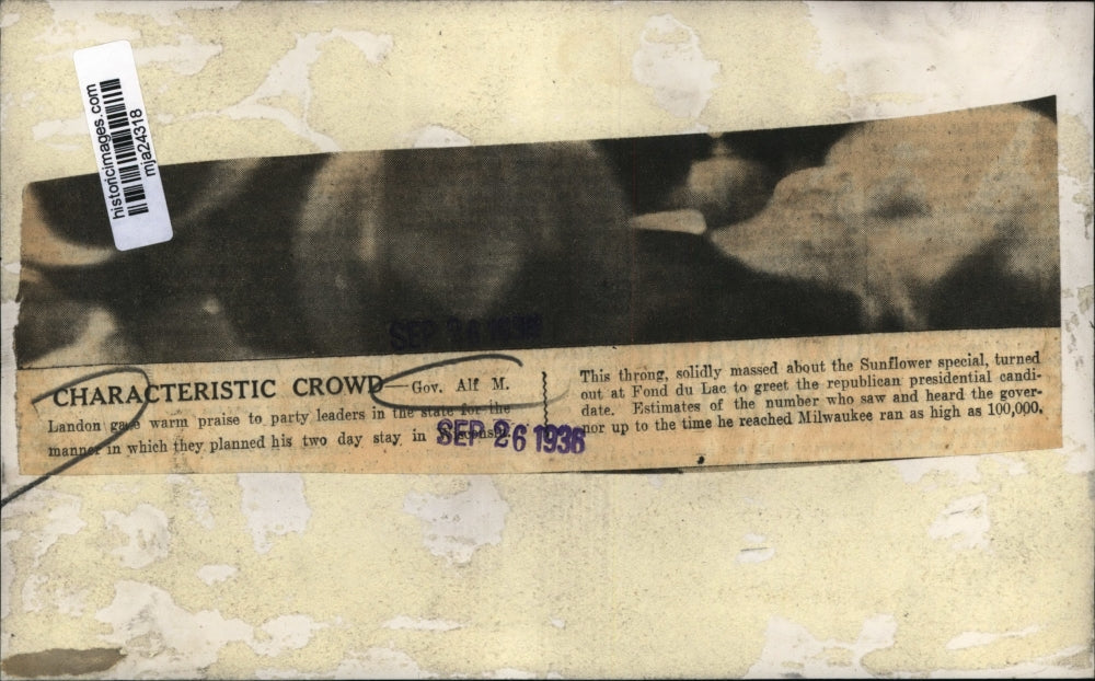 1936 Press Photo Alf M. Landon Speaking to Crowd in Fond Du Lac - mja24318