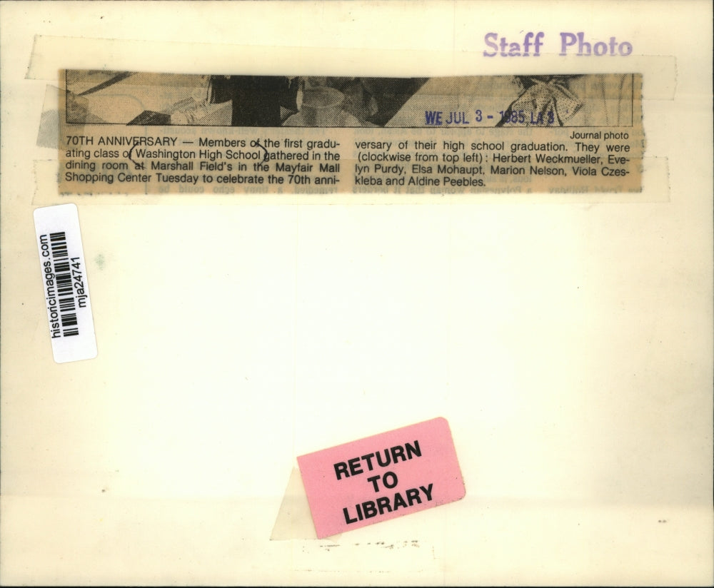 1985 Press Photo Washington High School first graduating class reunion.