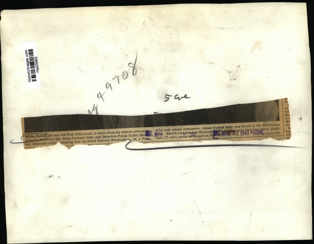 1949 Press Photo Milton Babich, taken from the district attorney's office