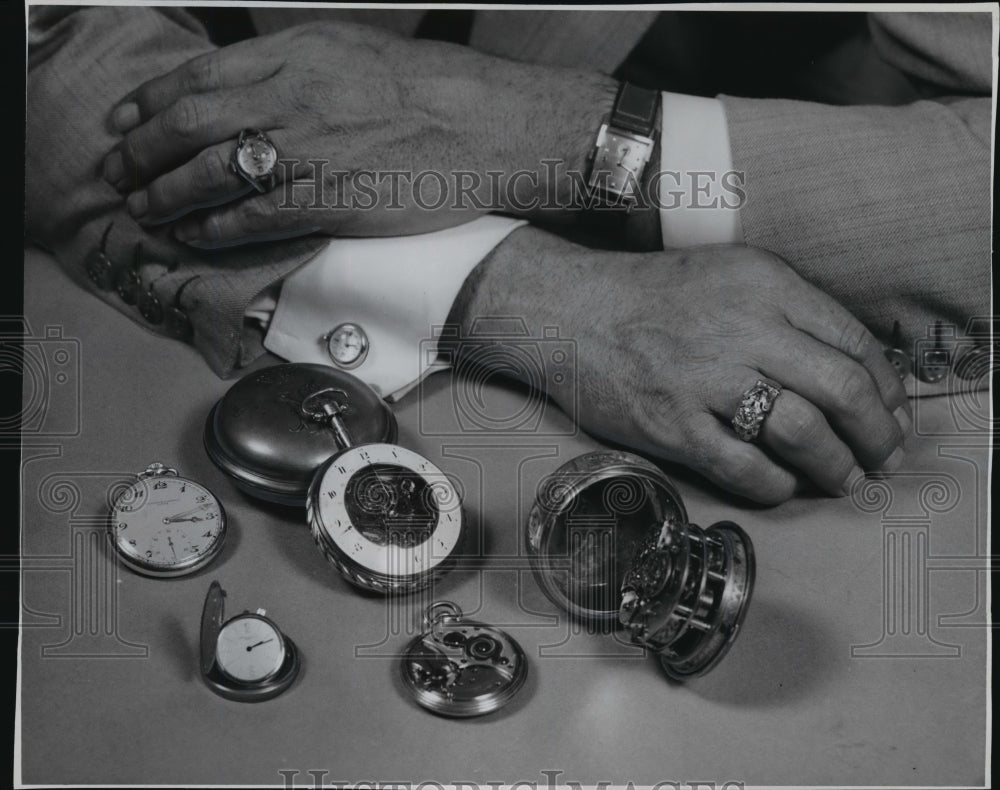 1950 Press Photo Nine of the timepieces of Hagans and Mr. Barny- Historic Images