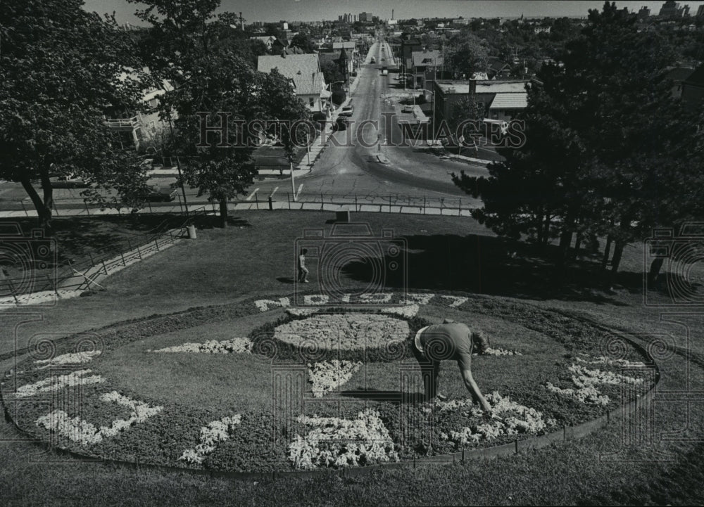 1979 Press Photo Richard Budnowski, weeded American Legion emblem in Kilbourn