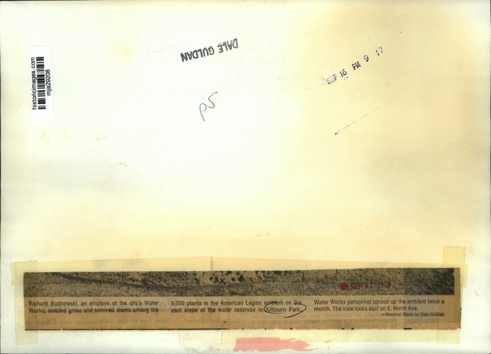 1979 Press Photo Richard Budnowski, weeded American Legion emblem in Kilbourn