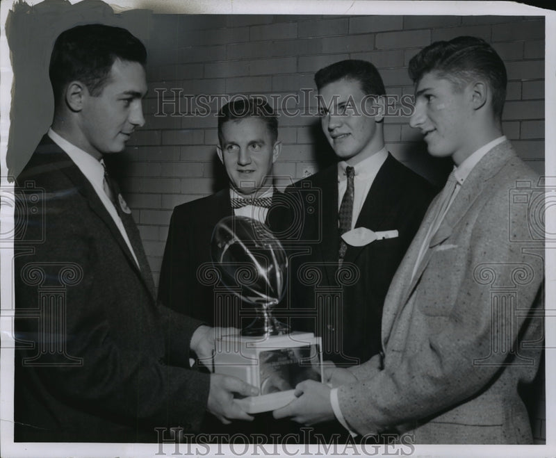 Load image into Gallery viewer, 1955 Press Photo Milwaukee W club awarded football trophy to Rufus King School
