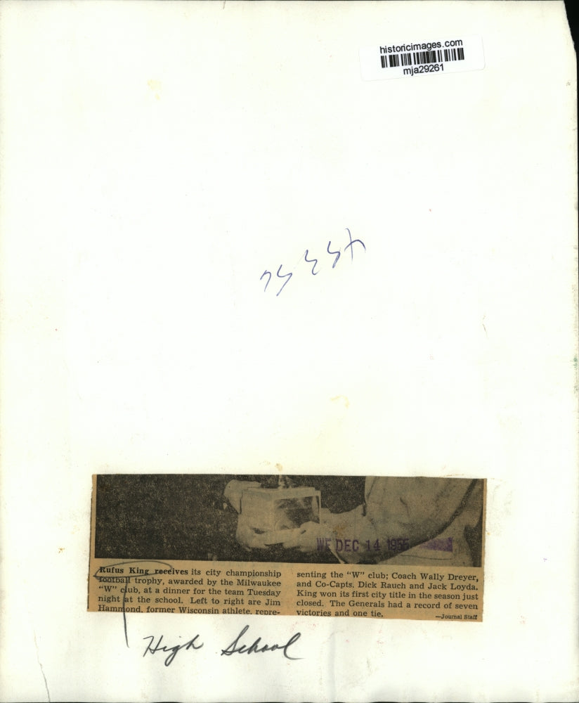 1955 Press Photo Milwaukee W club awarded football trophy to Rufus King School