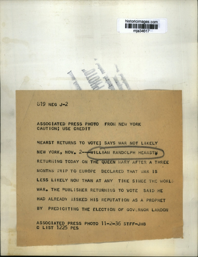 1936 Press Photo William Randolph Hearst Returning to New York to vote