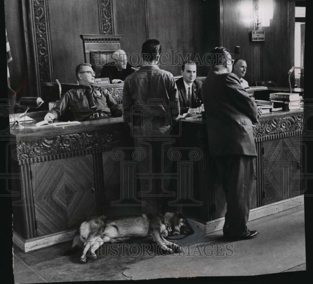 1963 Press Photo Judge John Krueger Listens To Testimony About Sleeping Dog- Historic Images