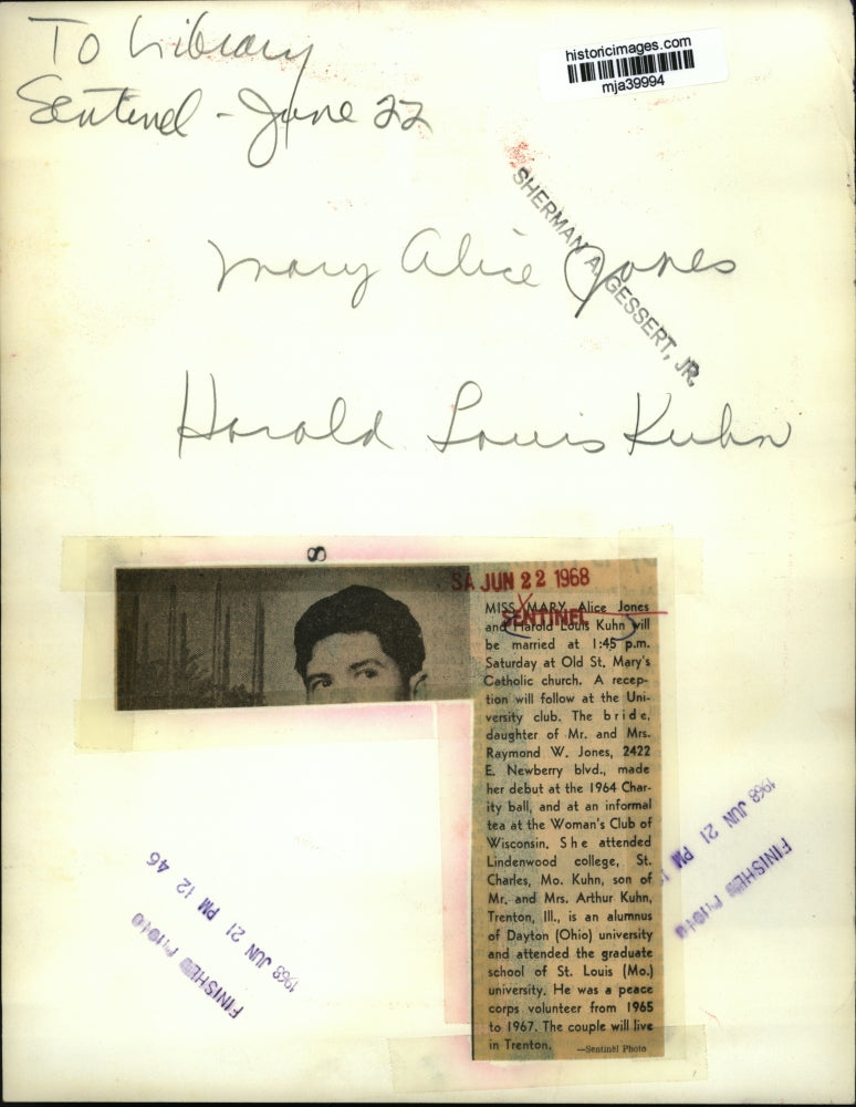 1968 Press Photo Mary Alice Jones and Harold louis Kuhn will be married.