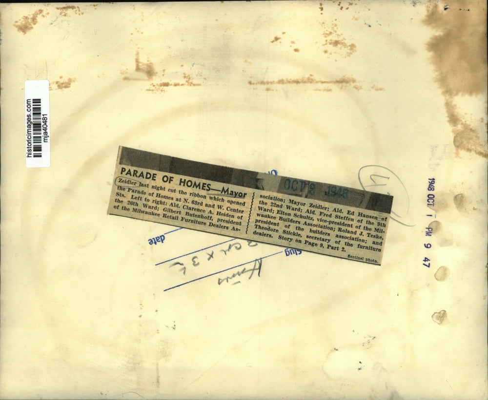 1948 Press Photo Zeidler, Mayor, Cuts The Ribbon Opening the Parade of Homes