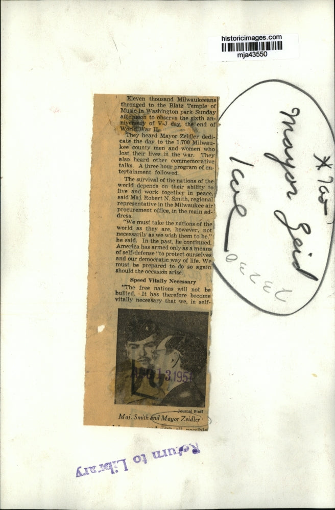 1951 Press Photo Mayor Zeilder dedicating the day to 1,700 men who died in war