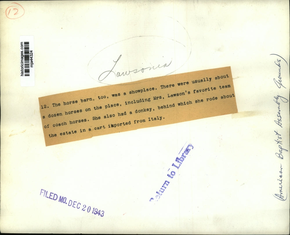 1943 Press Photo Lawsonian Horse Barn which Housed Around a Dozen Horses.